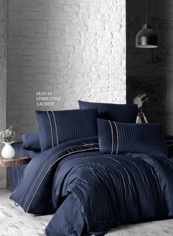 First choice Stripe style lacivert(navy blue) delux сатин постельное белье евро 200х220