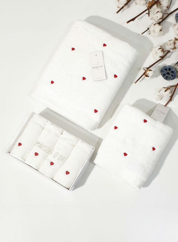Maison D'or Soft Hearts махровое полотенце для лица 50х100 хлопок белое с красным