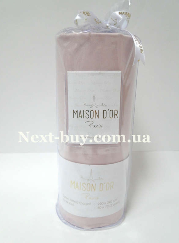 Простынь на резинке 180х200+28см сатиновая Maison D'or грязно-розовая с наволочками