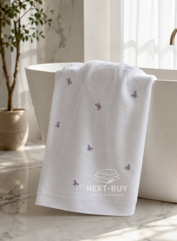 Махровий рушник банний Maison Dor Soft Butterflies white-dark lilac 85х150 бавовна