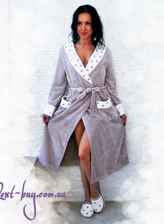 Maison D'or Lavoine Long hearts жіночий довгий банний халат з тапочками бавовна фіолетовий Туреччина