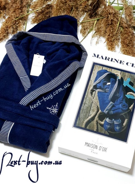 Мужской махровый халат Maison Dor Marine Club с капюшоном и тапками синий