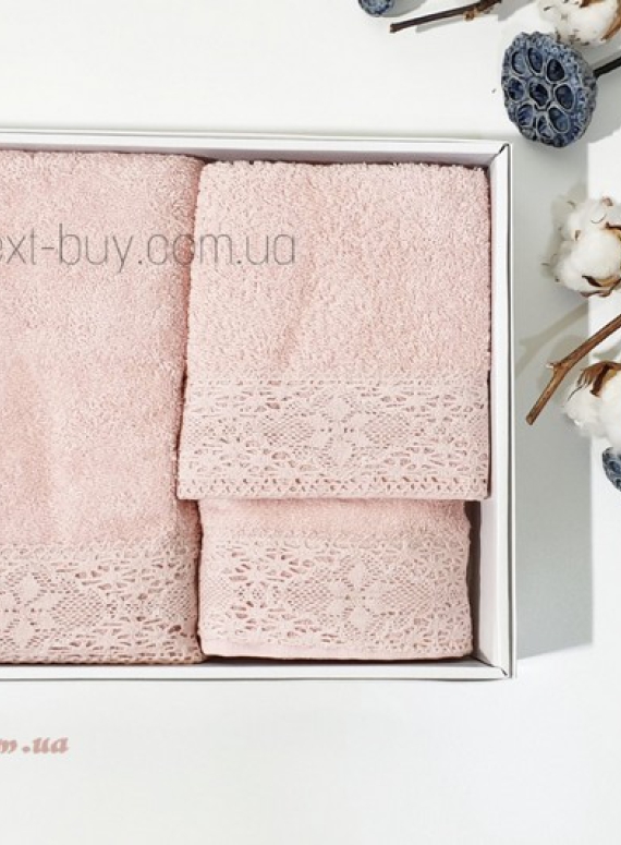 Maison Dor Naturella набор полотенец 3шт 30х50 50х90 70х140 махра с кружевом розовый