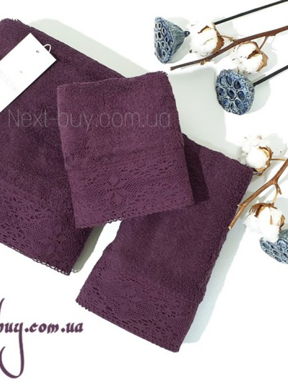 Maison Dor Naturella набор полотенец 3шт 30х50 50х90 70х140 махра с кружевом фиолетовый
