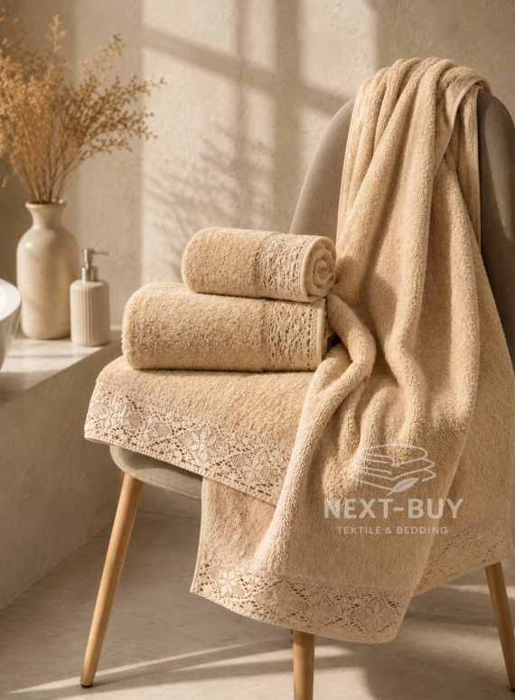 Maison Dor Naturella набір рушників 3шт 30х50 50х90 70х140 махра з мереживом бежевий