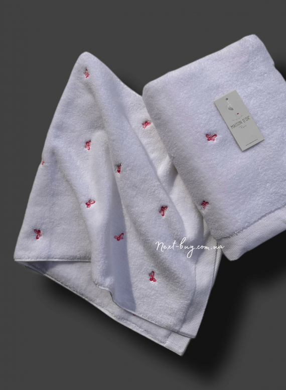 Махровий рушник банний Maison Dor Soft Butterflies white-pink 85х150 бавовна