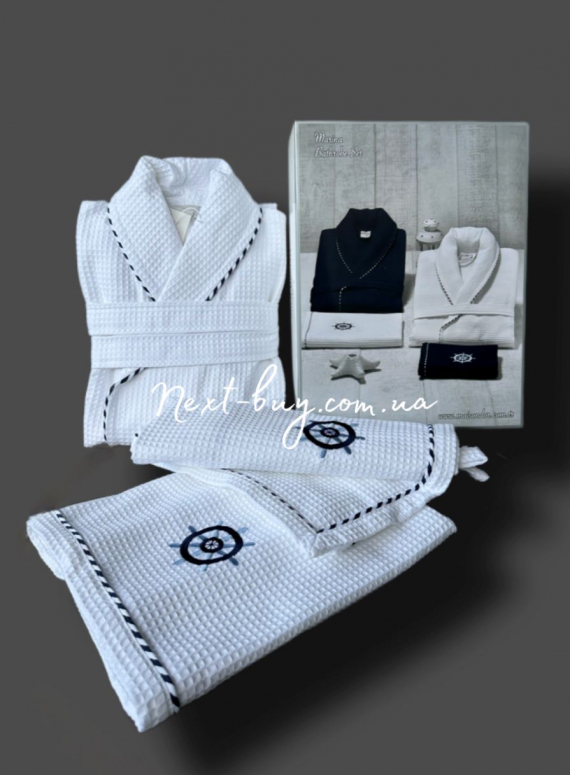 Вафельный набор Maison D'or Marine мужской халат и 2 полотенца белый
