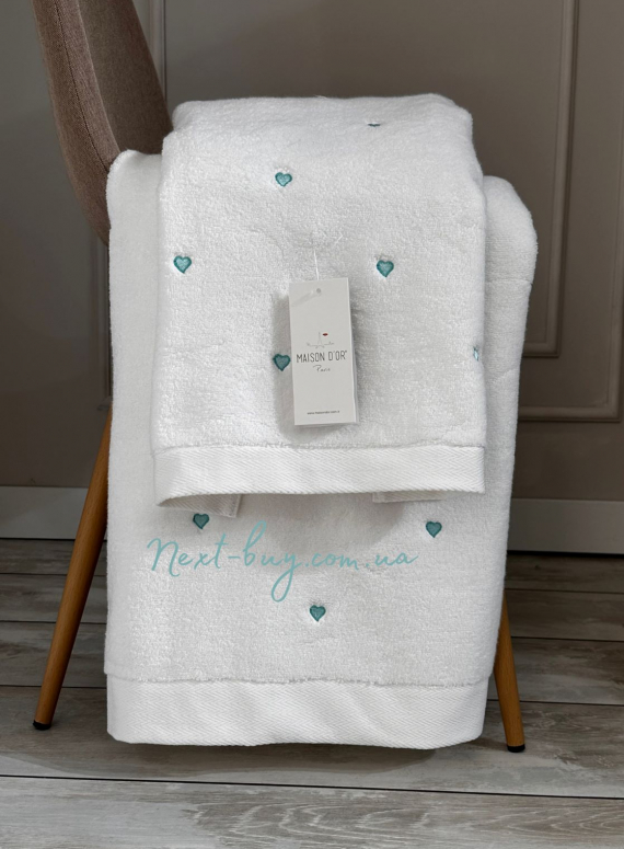 Maison D'or Soft Hearts махровий рушник для обличчя 50х100 хлопок білий з бірюзовим