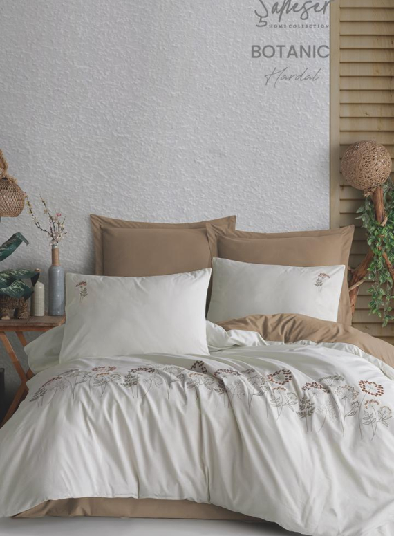 Постільна білизна Saheser Botanic bej євро 200х220 бавовна з вишивкою