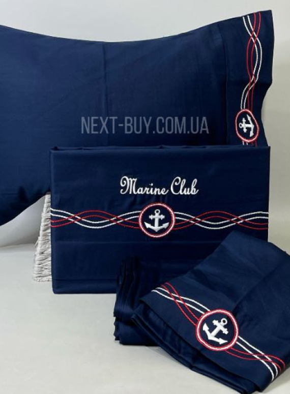Постільна білизна Diamond Marine Club синій сатин з вишивкою і аплікацією евро 200х220