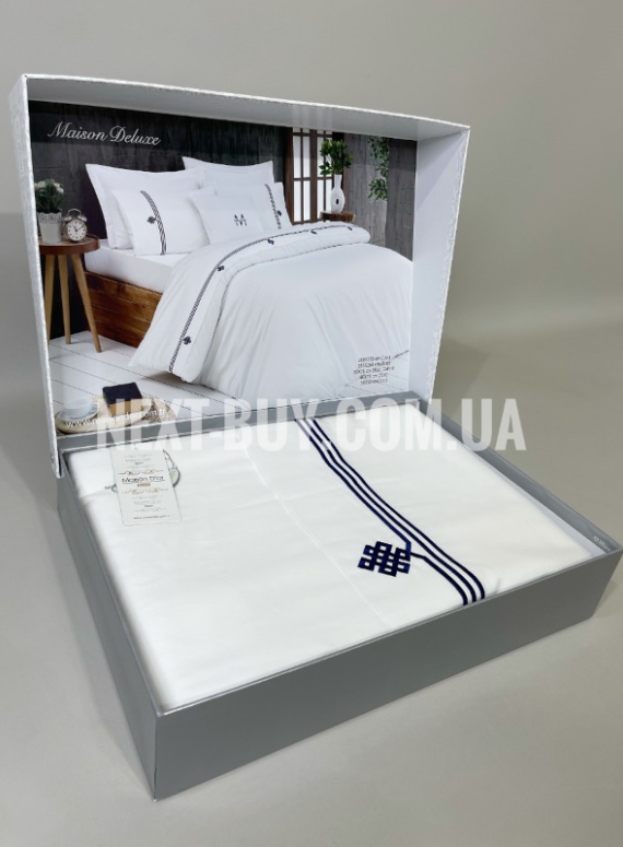 Постільна білизна Maison D'or Maison Deluxe white-navy 200x220см сатин з вишивкою