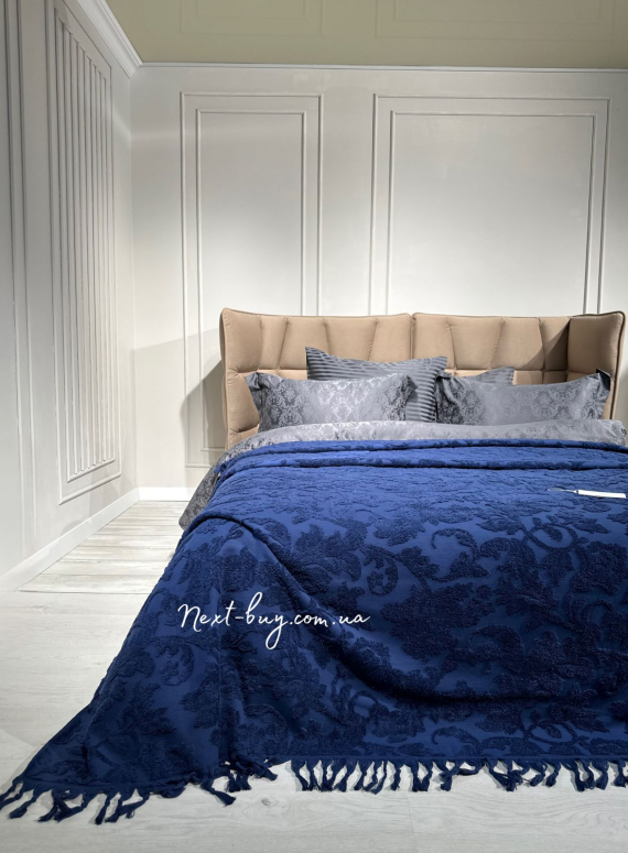 Махрове простирадло-покривало Maison D'or Paris Sanda з бахромою 220х240 синє