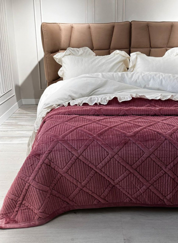 Велюрове стьобане покривало Colorful рожеве євро 200х230