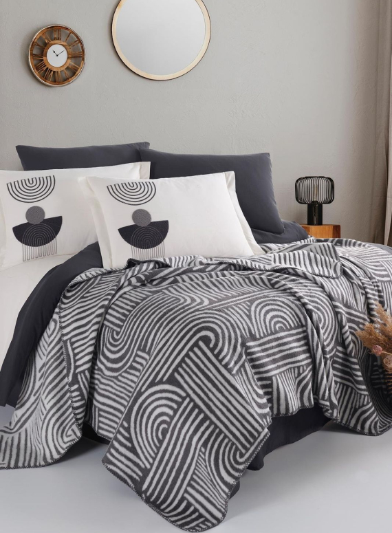 Комплект постільної білизни з вишивкою і пледом Babil antrasit євро Туреччина