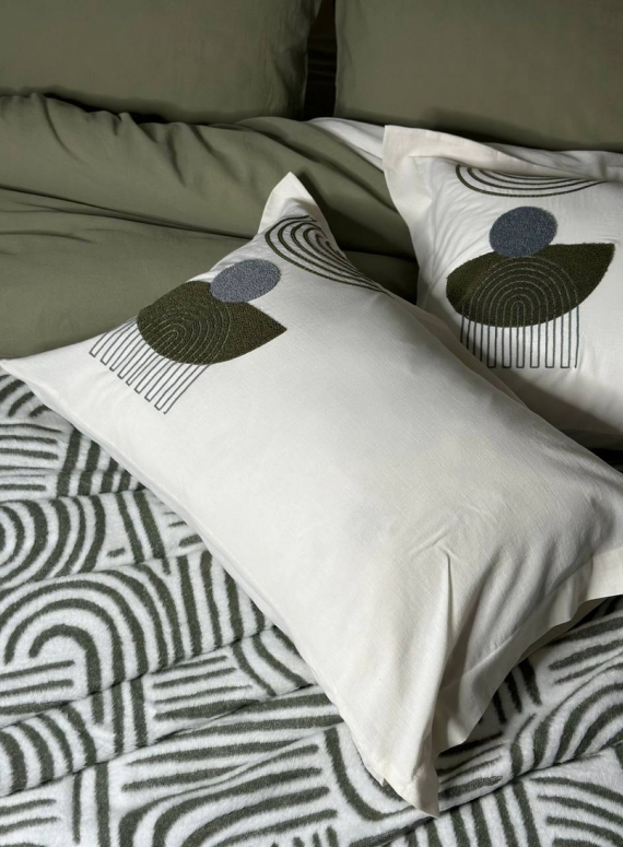 Комплект постільної білизни з вишивкою і пледом Babil haki євро Туреччина