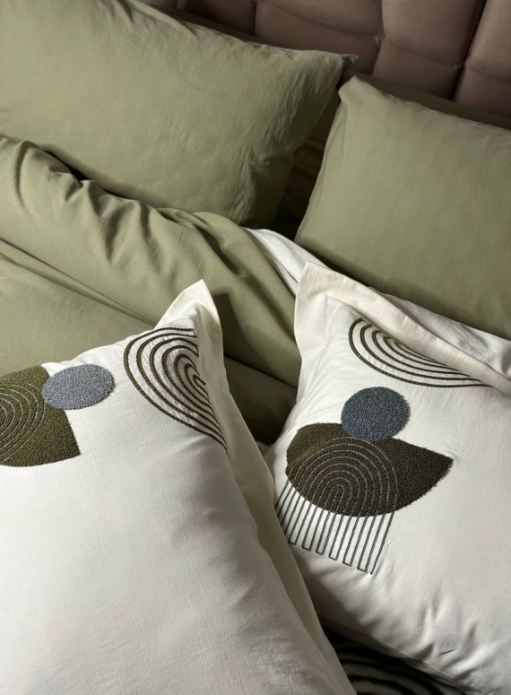 Комплект постільної білизни з вишивкою і пледом Babil haki євро Туреччина