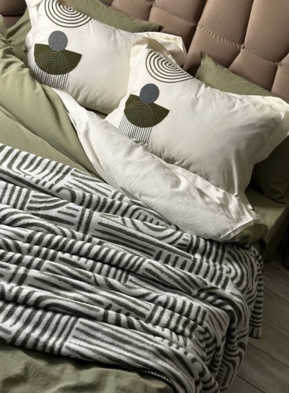 Комплект постільної білизни з вишивкою і пледом Babil haki євро Туреччина