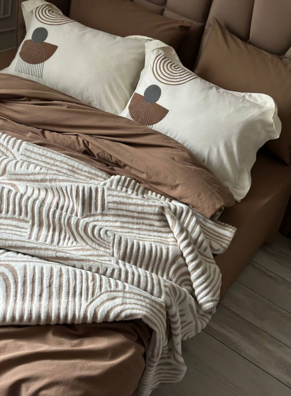 Комплект постільної білизни з вишивкою і пледом Babil kahve євро Туреччина