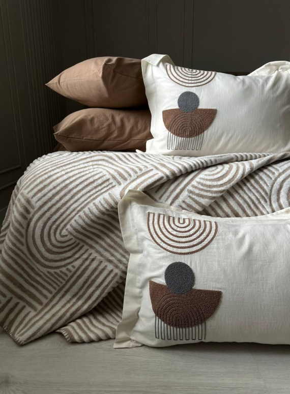 Комплект постільної білизни з вишивкою і пледом Babil kahve євро Туреччина