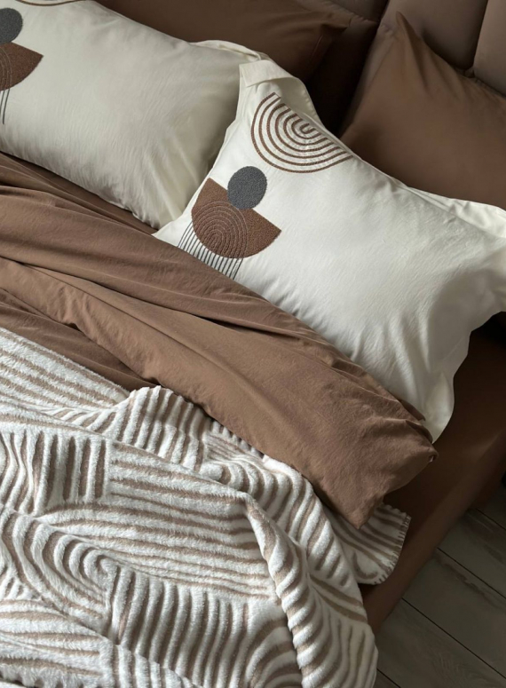 Комплект постільної білизни з вишивкою і пледом Babil kahve євро Туреччина