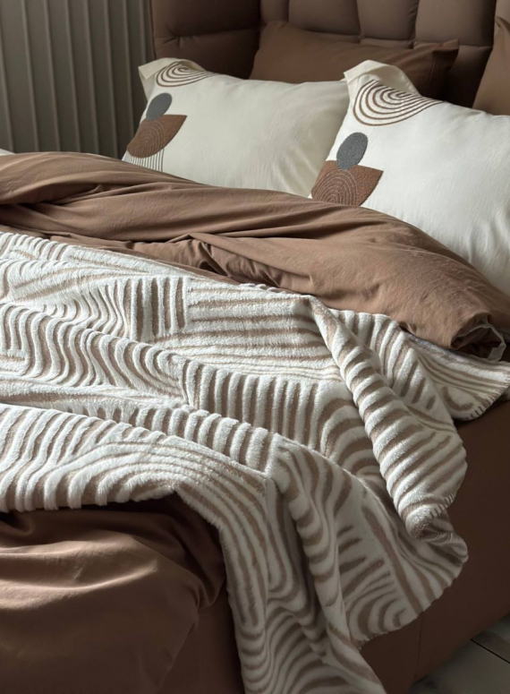 Комплект постільної білизни з вишивкою і пледом Babil kahve євро Туреччина