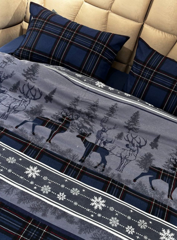 Постільна білизна з простирадлом на резинці First Choice Flannel Happiness Navy Blue євро
