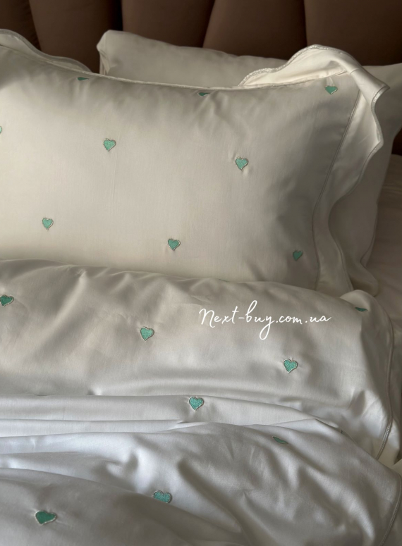 Maison D'or Les Coeurs cream-mint постільна білизна євро 200х220 сатин з аплікацією з сердечок