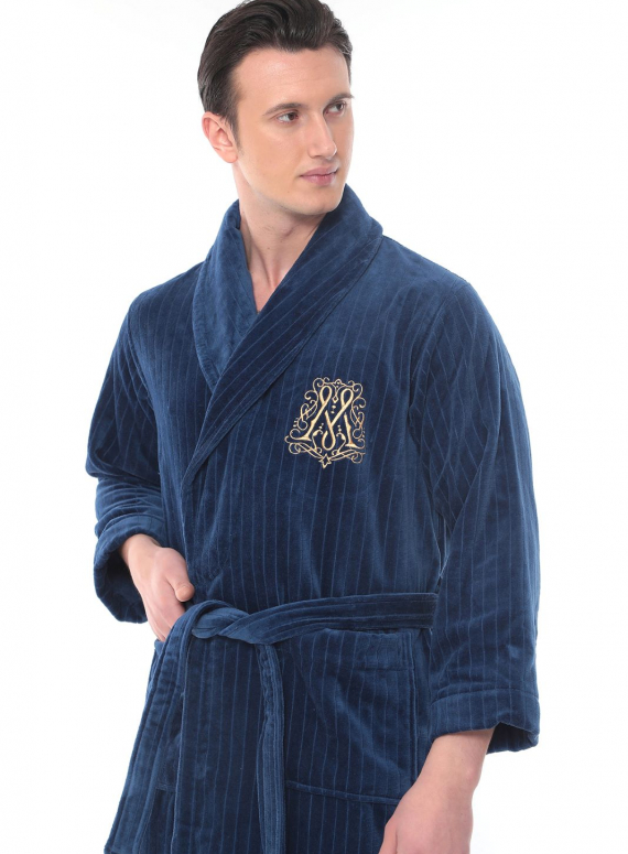 Maison Dor Paris Alberto чоловічий велюровий халат з шалевим коміром і золотою вишивкою темно-синій