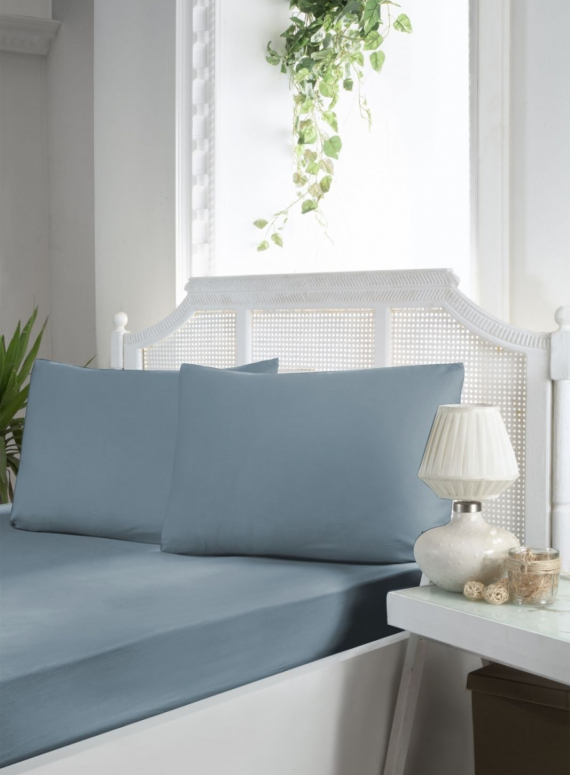 First choice Satin fitted sheet SF-60 blue сатинове простирадло на резинці євро 180х200+30см з наволочками 50х70-2шт.