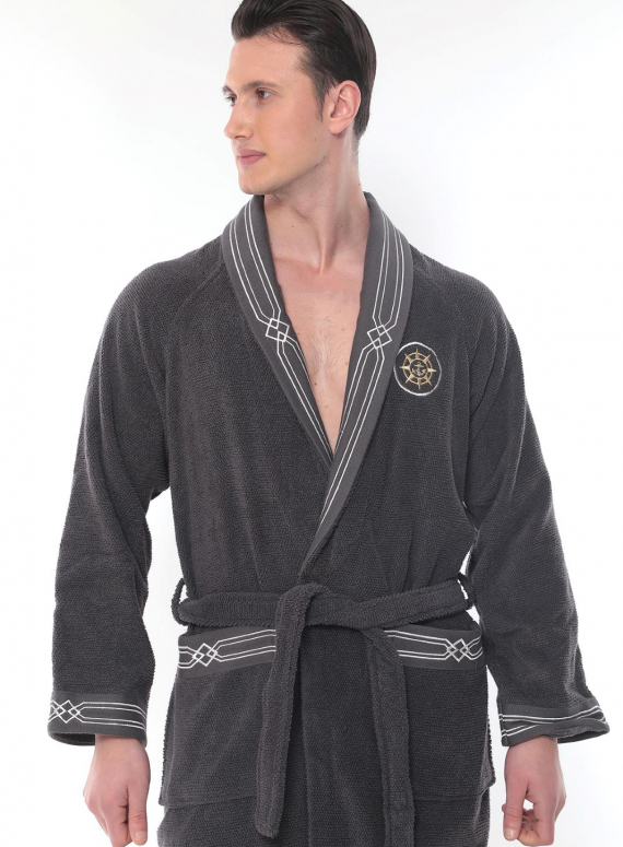 Чоловічий халат Maison D`or Paris Elegance Marine з шалевим коміром і тапочками сірий