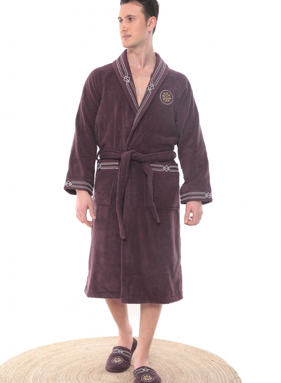 Maison D`or Paris Elegance Marine мужской махровый халат с тапочками с морской вышивкой бордовый Турция