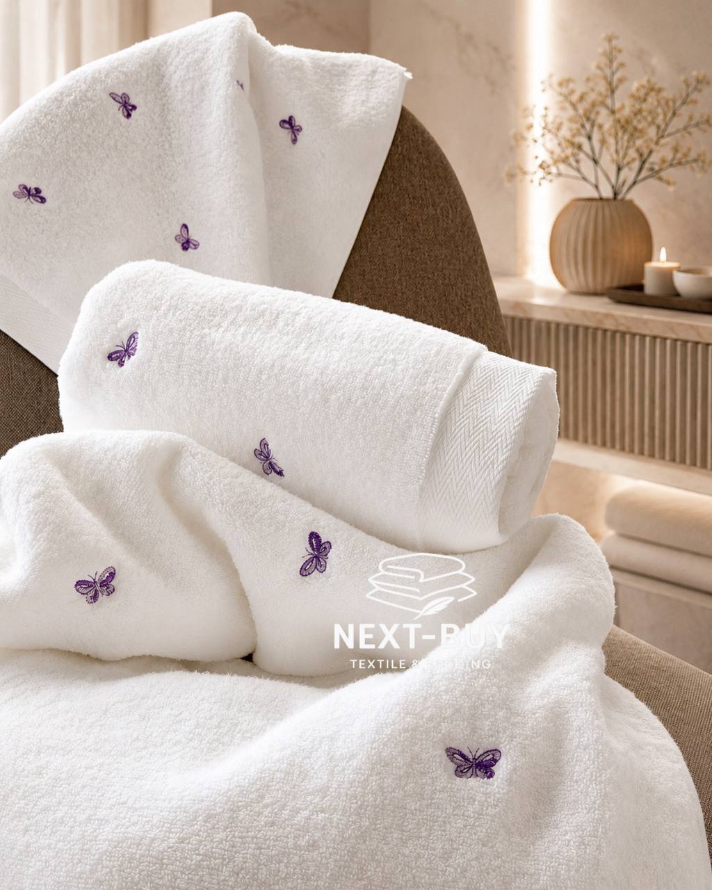 Махровий рушник банний Maison Dor Soft Butterflies white-dark lilac 85х150 бавовна