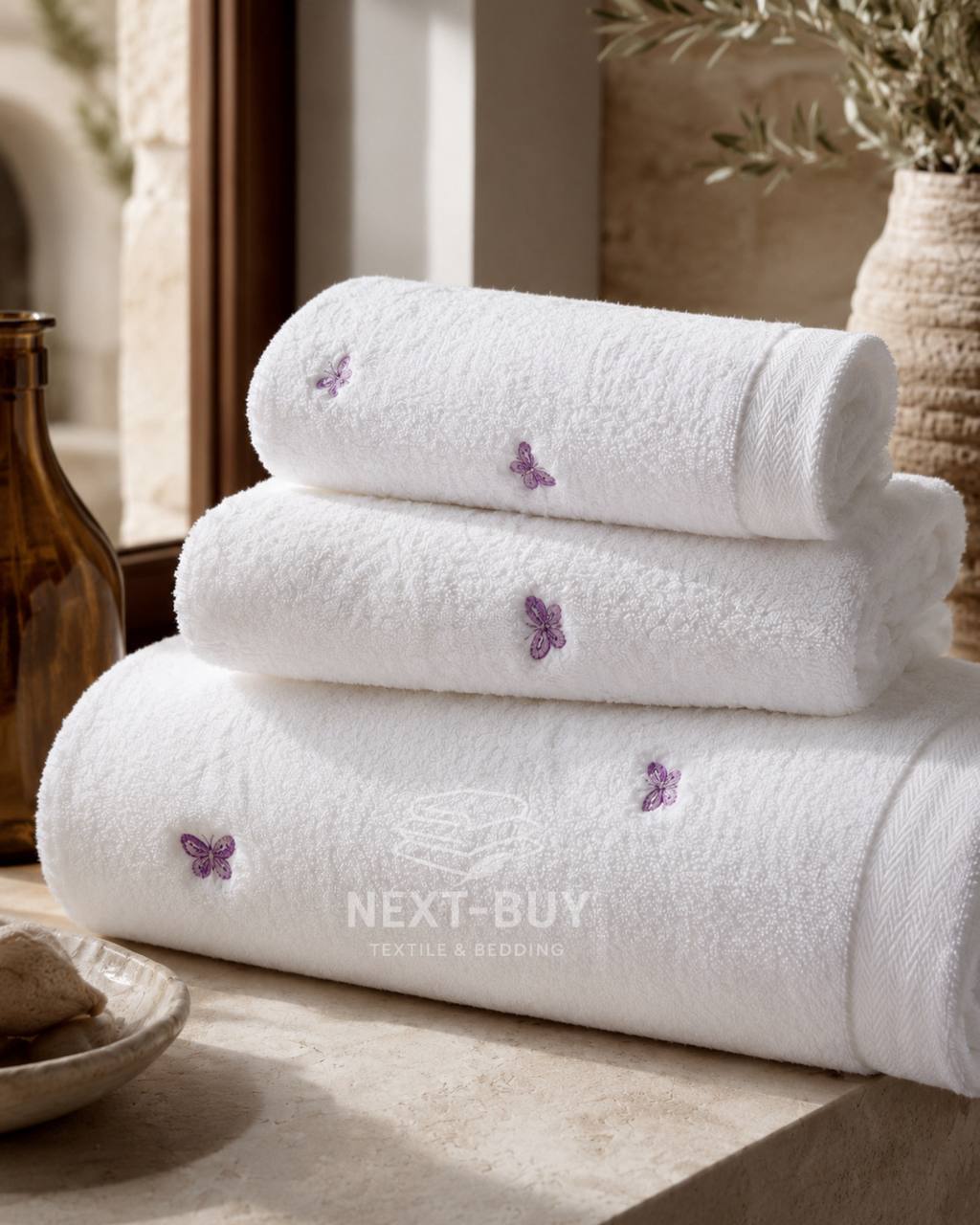 Mахровий рушник для обличчя Maison Dor Soft Butterflies white-dark lilac 50х100 хлопок