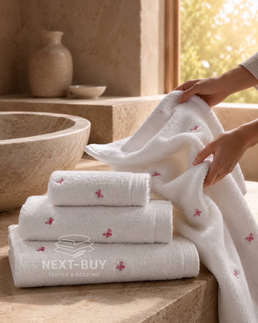 Махровий рушник банний Maison Dor Soft Butterflies white-pink 85х150 бавовна