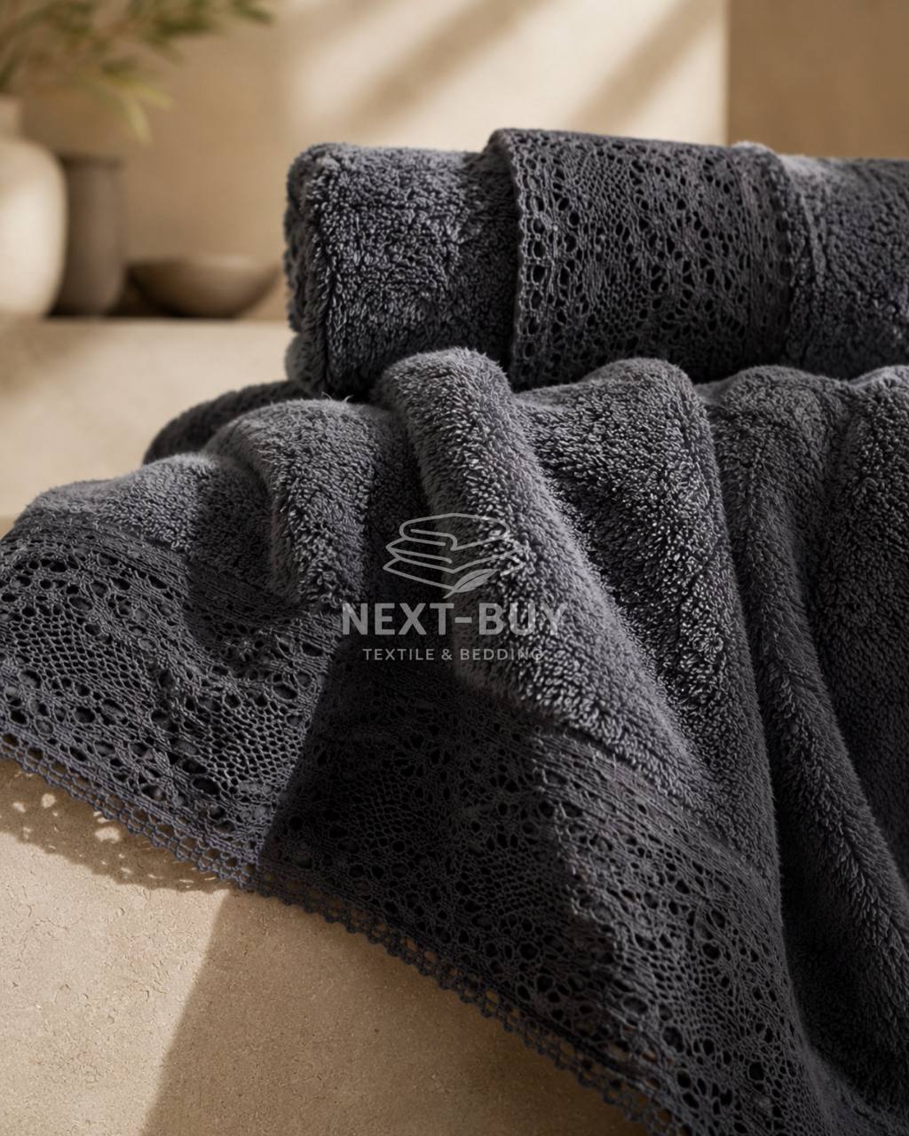Maison Dor Naturella набір рушників 3шт 30х50 50х90 70х140 махра з мереживом антрацит