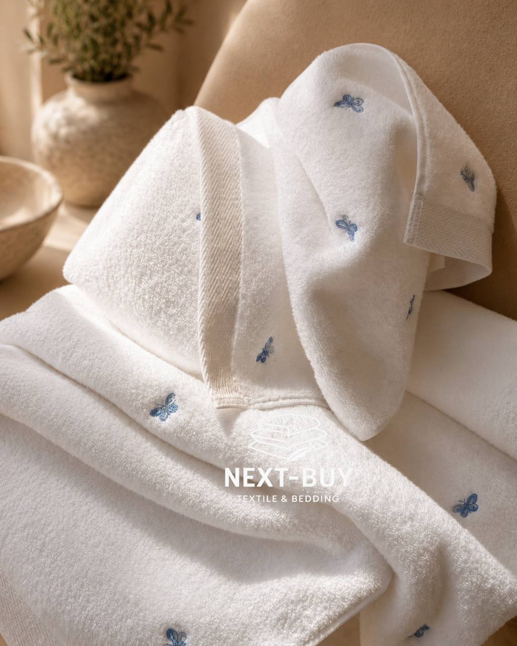 Махровий рушник банний Maison Dor Soft Butterflies white-blue 85х150 бавовна