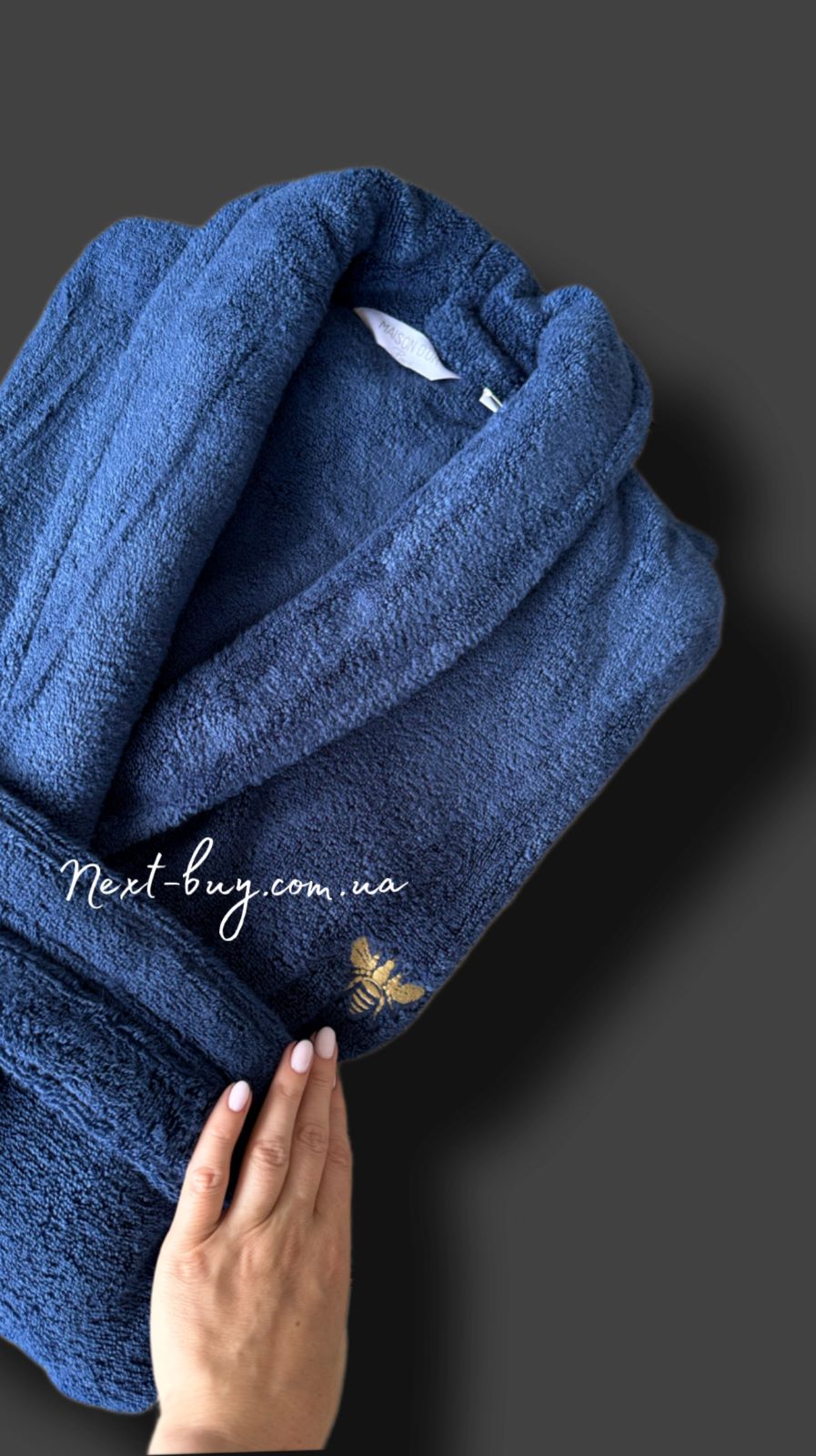 Чоловічий махровий халат Maison D`or Paris Valentin з вишивкою синій