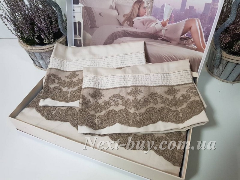 Постільна білизна Maison D'or Helena Bej 200x220см сатин з мереживом