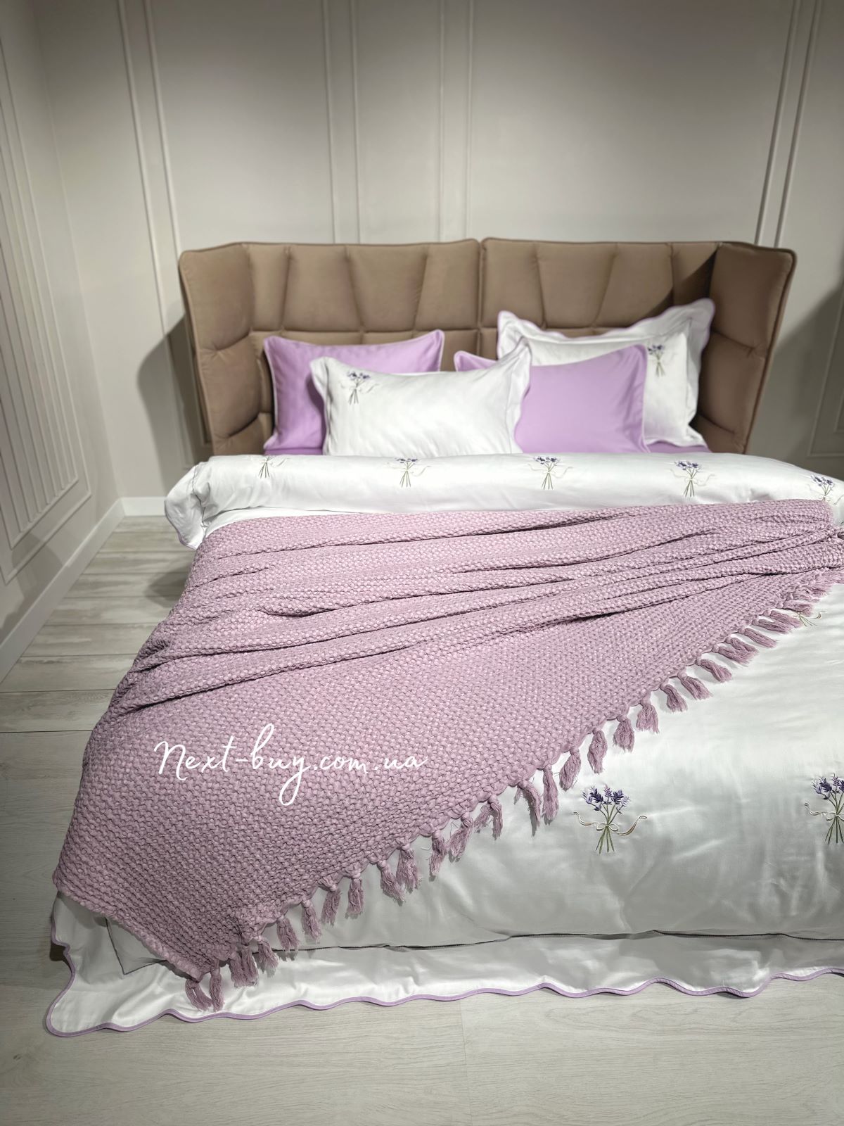 Maison D'or Paris Emeline вафельне покривало жатка з бахромою фіолетове 240х260