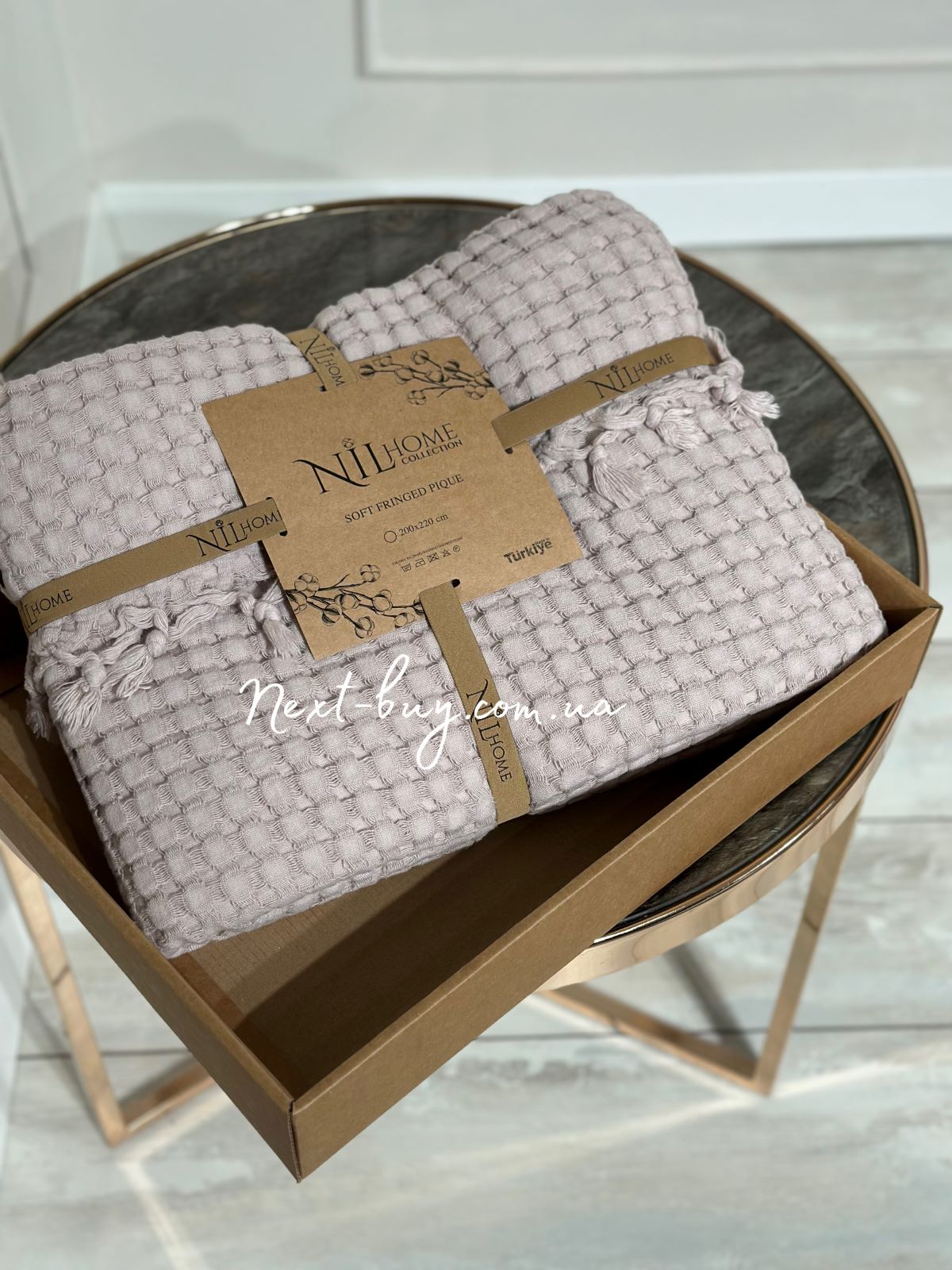 Легкий, вафельний плед-піке з бахромою Nilhome Soft Fringer Pique Lilac 200х220