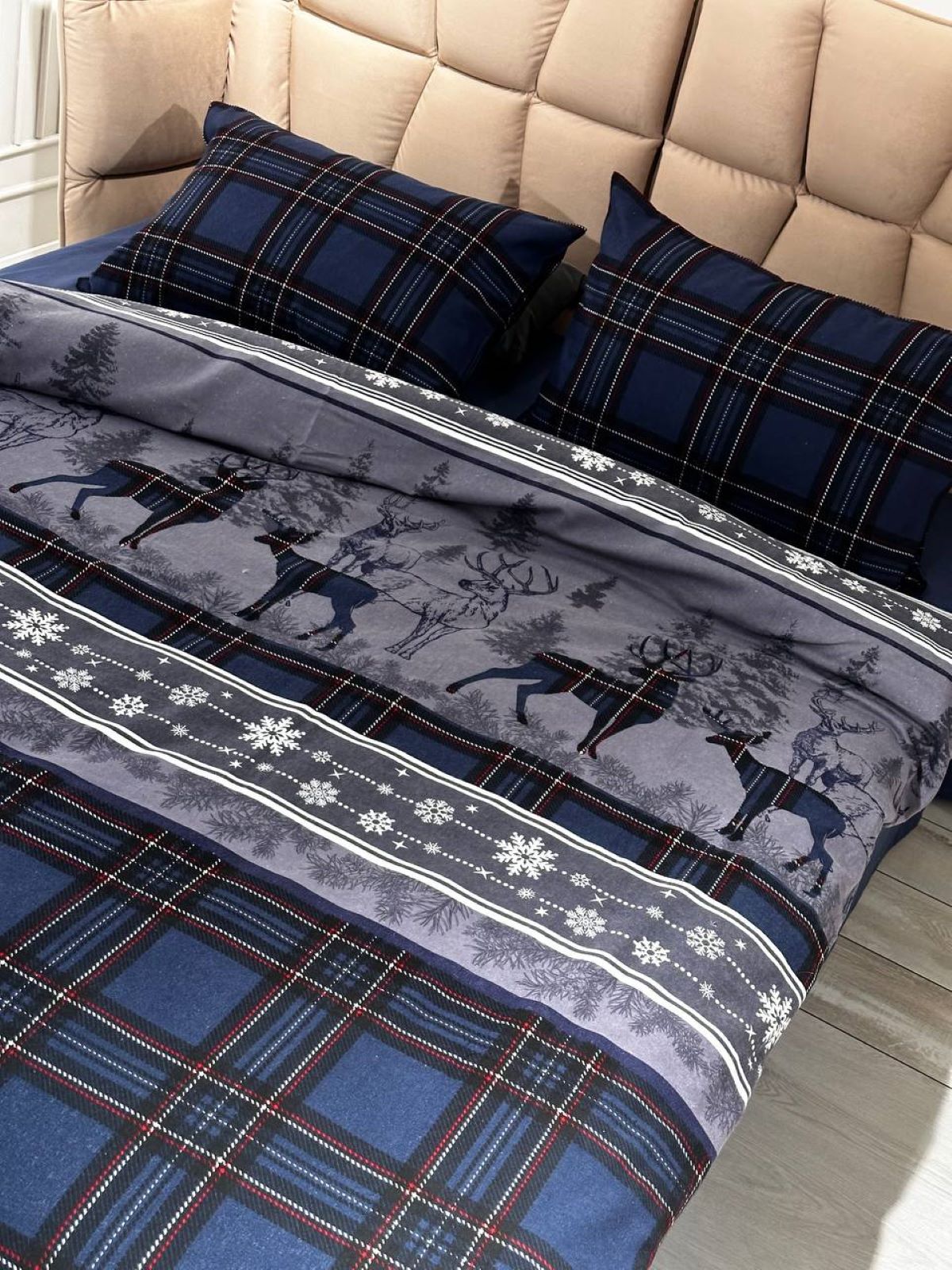 Постільна білизна First Choice Flannel Happiness Navy Blue сімейний 160х220х2