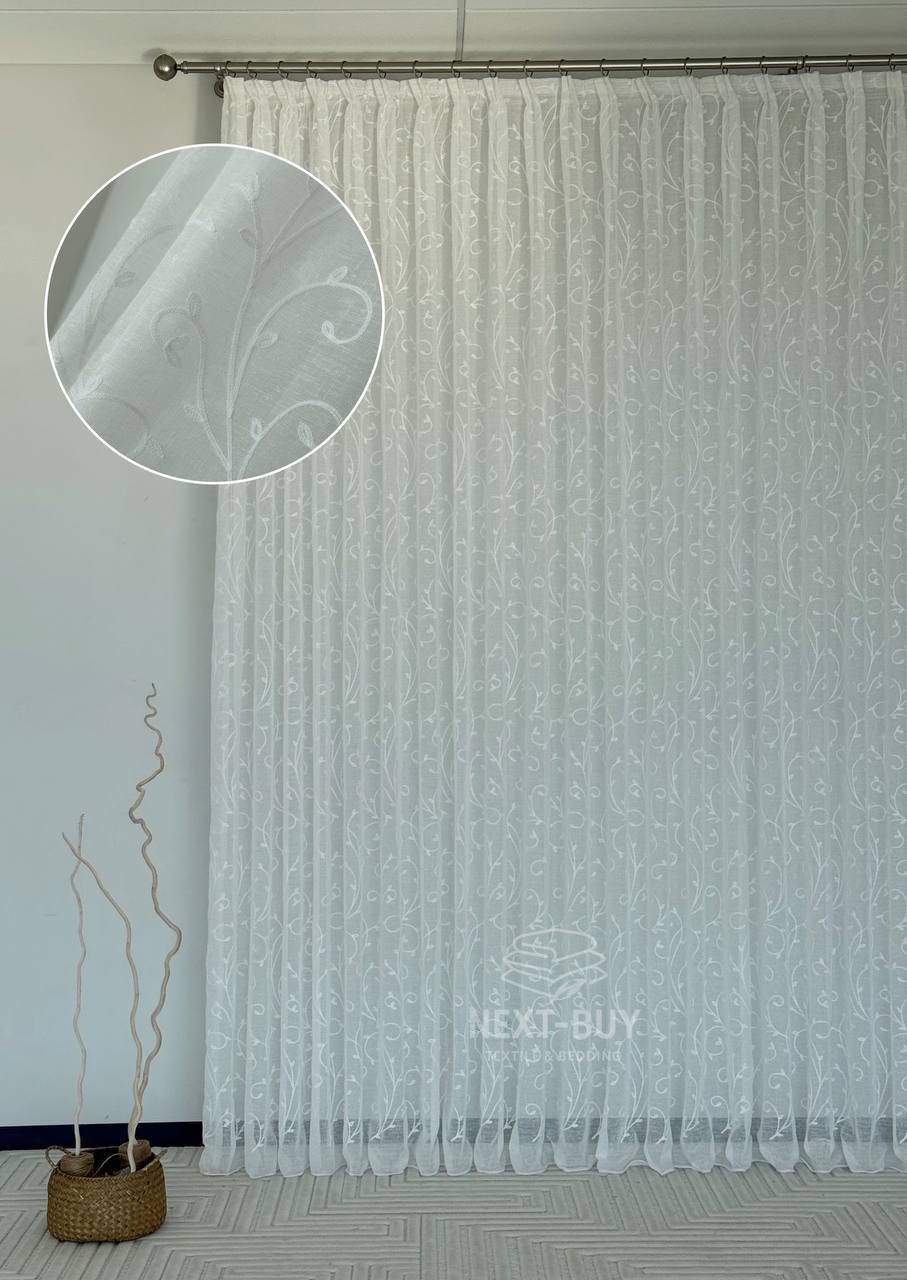 Тюль білий льон з білим візерунком White Natural Leaf Embroidery Туреччина