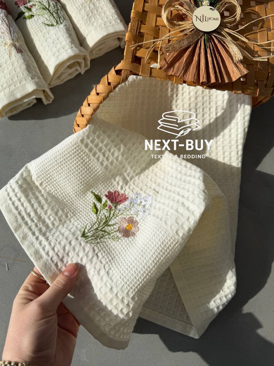 Набір кухонних рушників NILHOME Tencel з вишивкою 40×60 см (4 шт) — вафельна тканина, натуральна бавовна