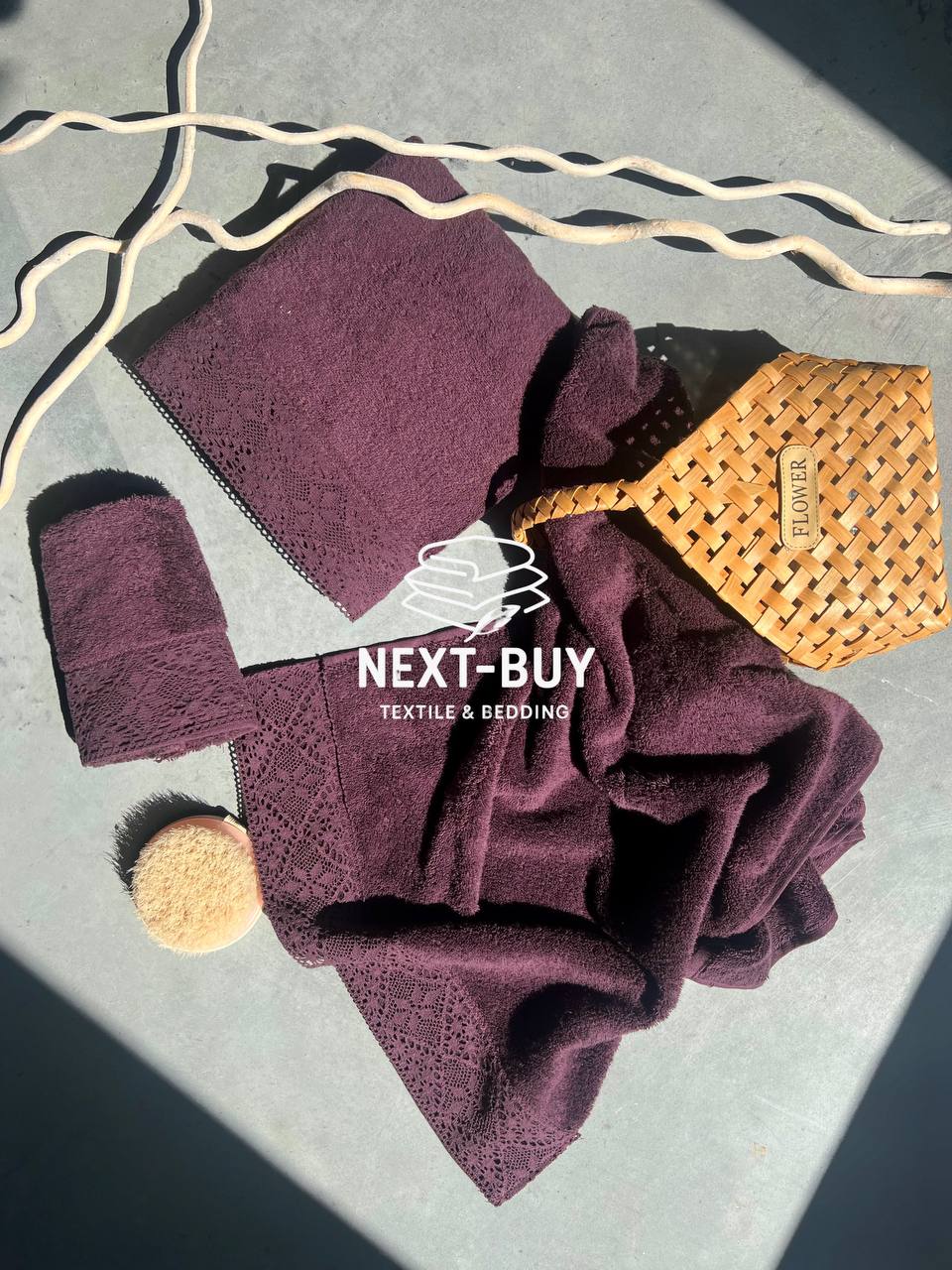 Maison Dor Naturella набір рушників 3шт 30х50 50х90 70х140 махра з мереживом фіолетовий