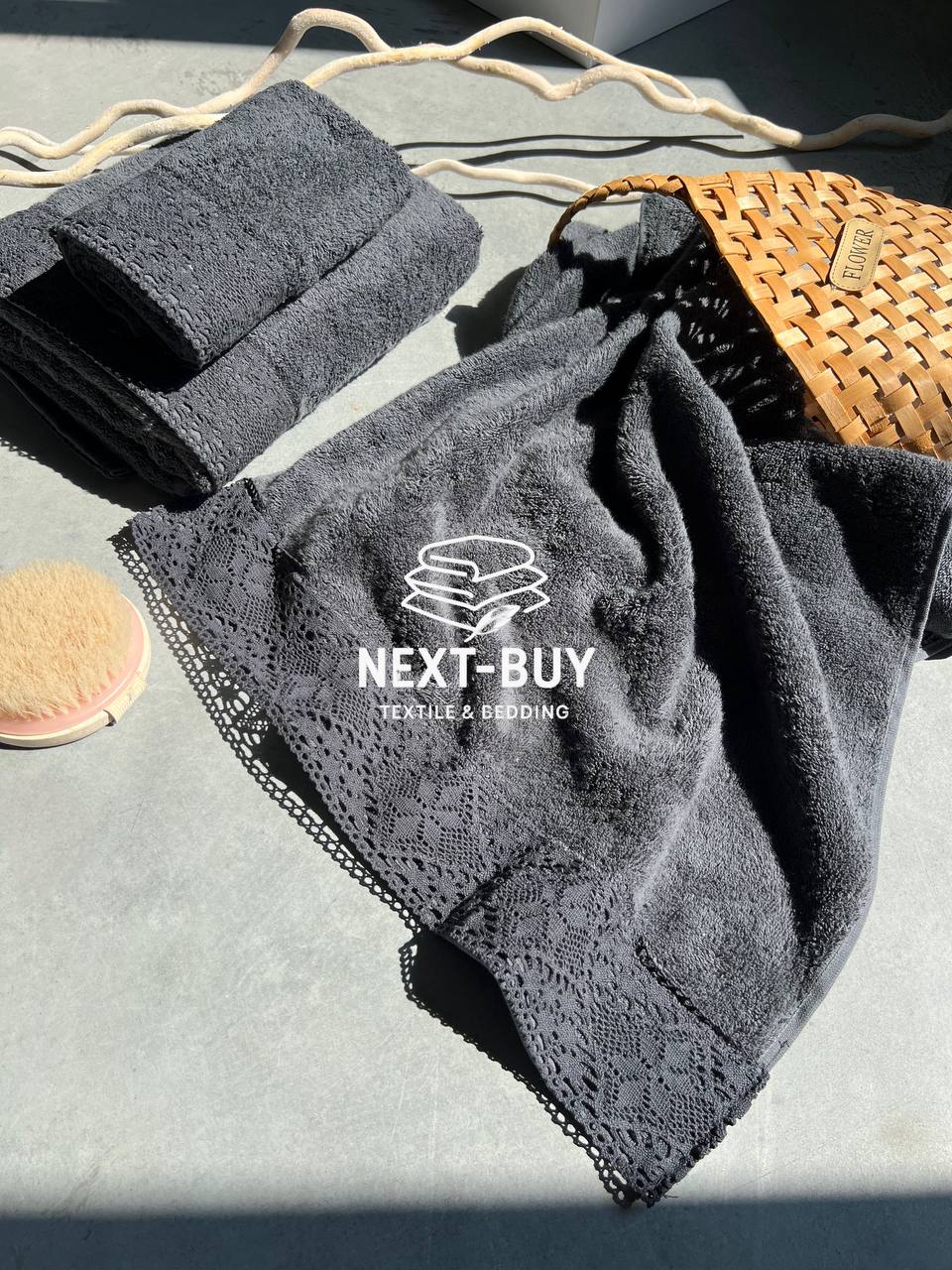 Maison Dor Naturella набір рушників 3шт 30х50 50х90 70х140 махра з мереживом антрацит