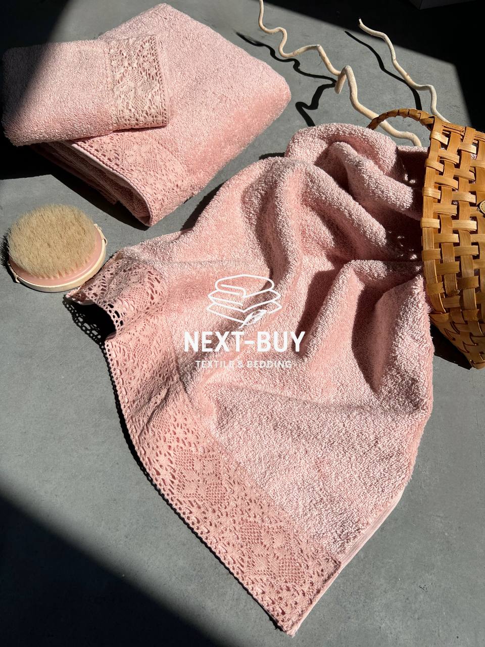 Maison Dor Naturella набір рушників 3шт 30х50 50х90 70х140 махра з мереживом рожевий
