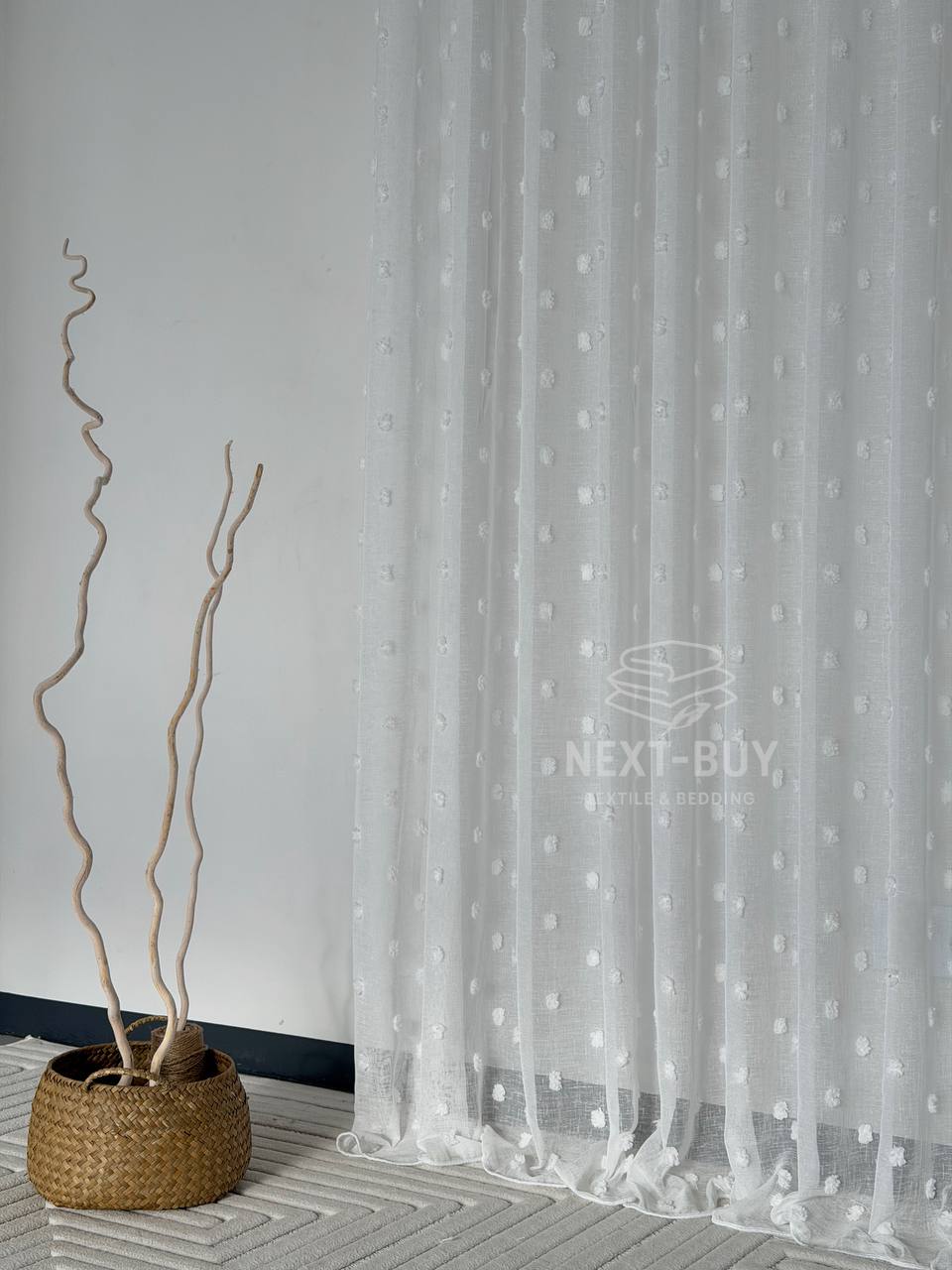 Тюль з 3D помпонами Linen Dots Ecru Туреччина