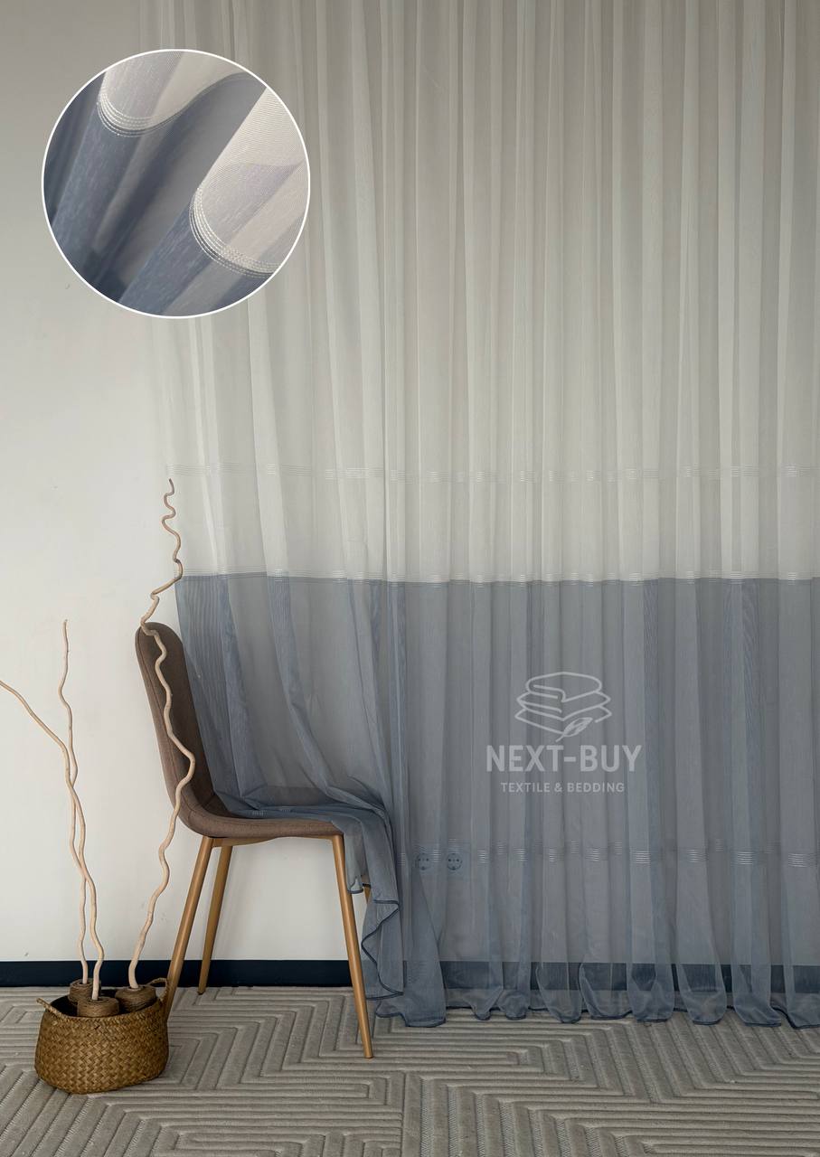 Тюль льон з смужками Llyana білий з синім Туреччина