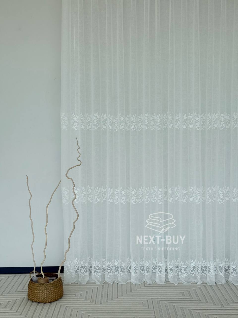 Тюль льон білий з рельєфною, флористичною вишивкою  Linen Elegance Natural White Туречинна