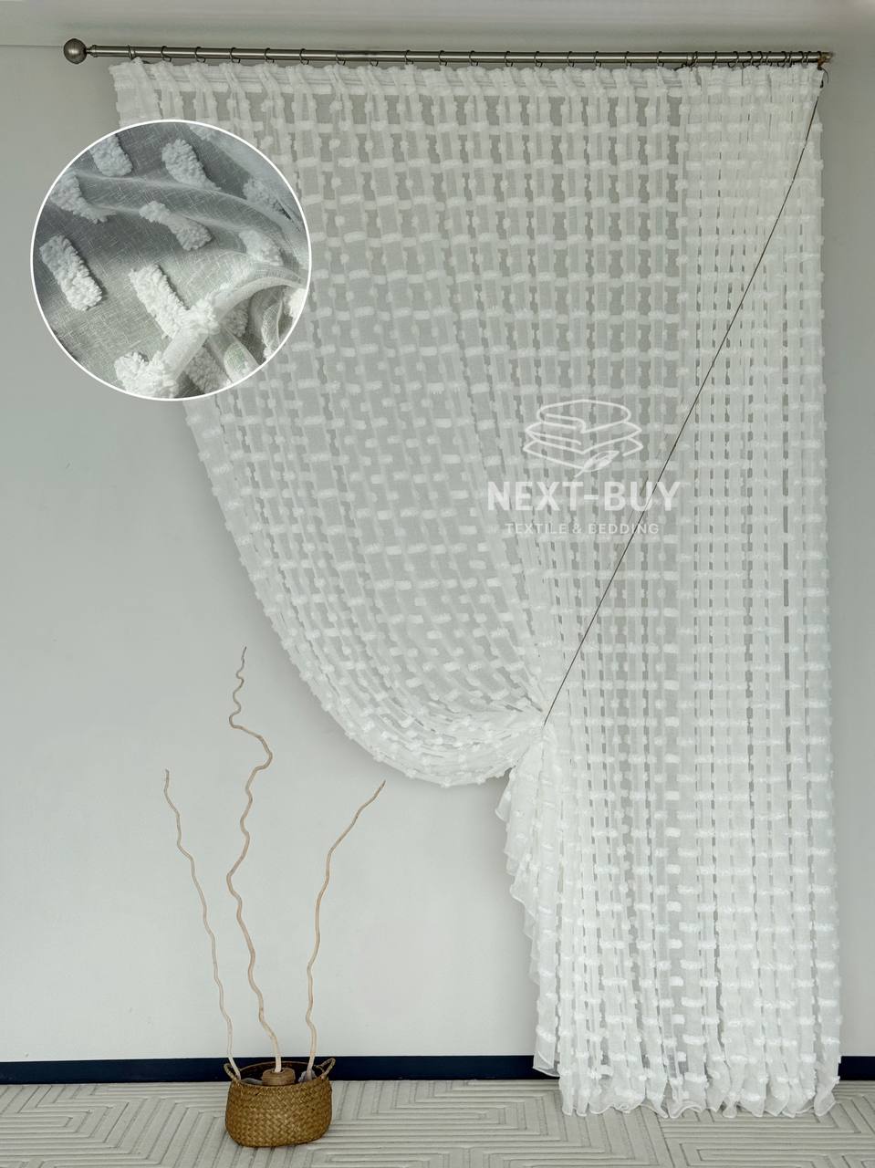 Тюль льон білосніжна з 3D м’якими помпонами Linen White Boho Chic, Туреччина